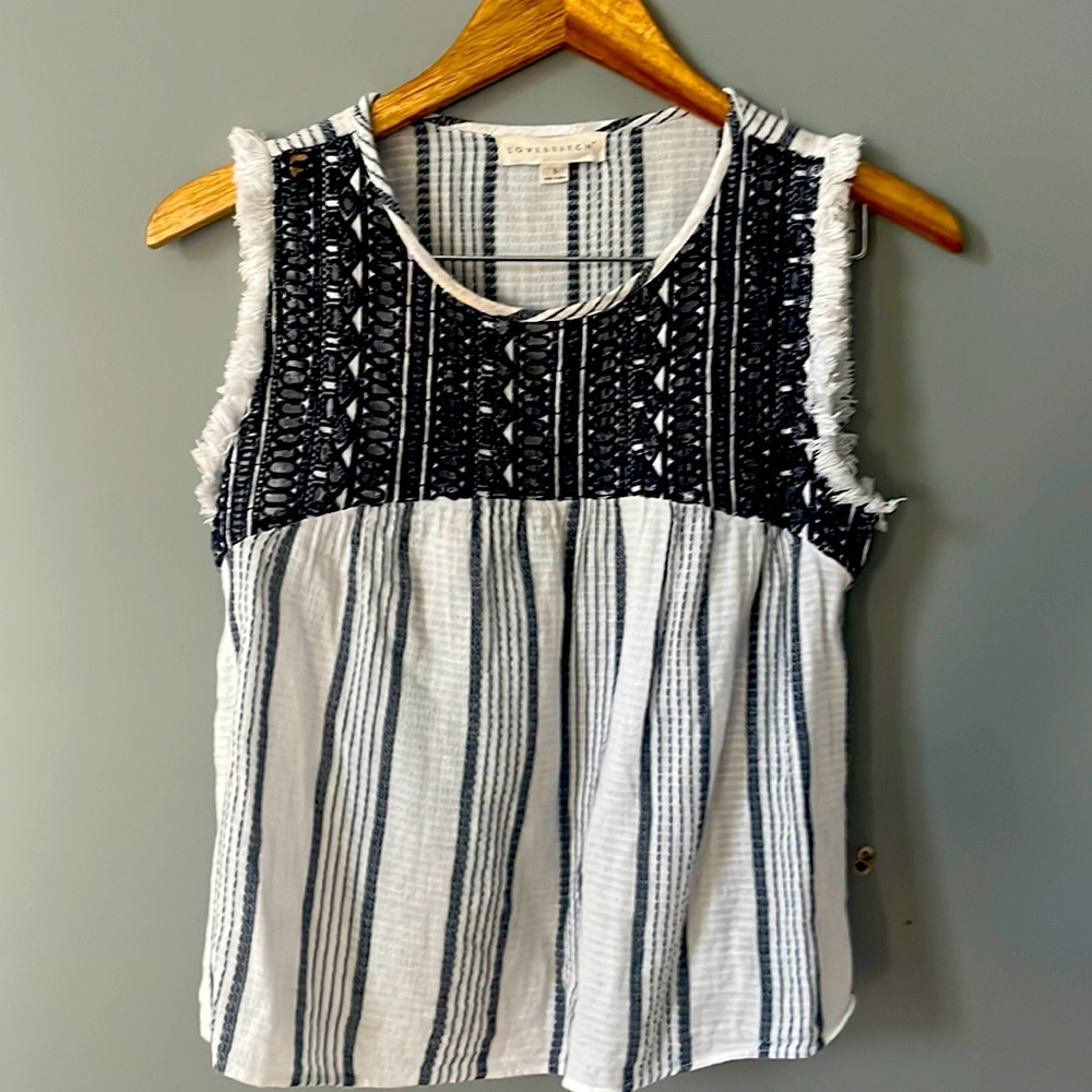 LOVE STITCH Embroidered  Blue and WhiteSleeveless Top Women's Small